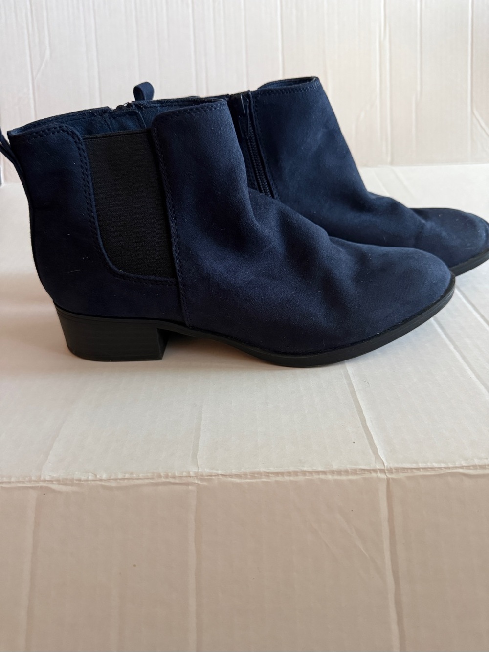 SO Navy Suede Ankle Booties with Elastic Gore
